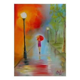 325x325 My Rainy Day Street Scene Paintings - Girl With Umbrella In Rain Painting