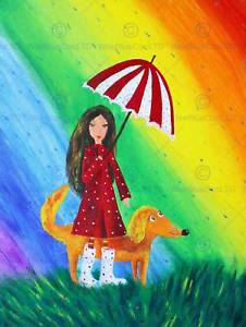 226x300 Painting Drawing Girl Dog Rainbow Umbrella Rain Colour Red Coat - Girl With Umbrella In Rain Painting