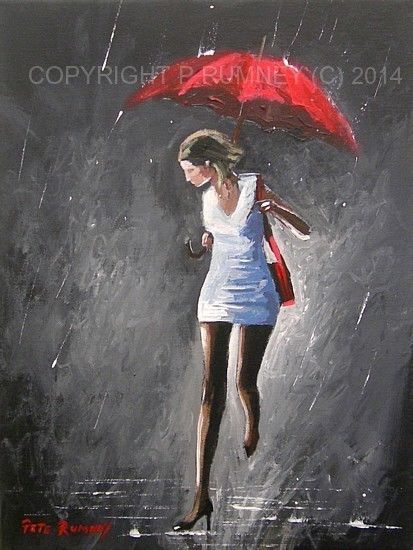 413x550 Pete Rumney Fine Art Modern Oil Acrylic Painting Original Umbrella - Girl With Umbrella In Rain Painting