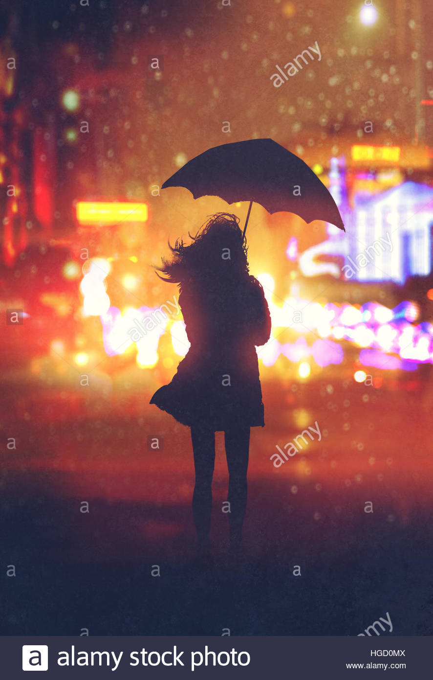 886x1390 Lonely Woman With Umbrella In Night City,illustration Painting - Girl With Umbrella In Rain Painting