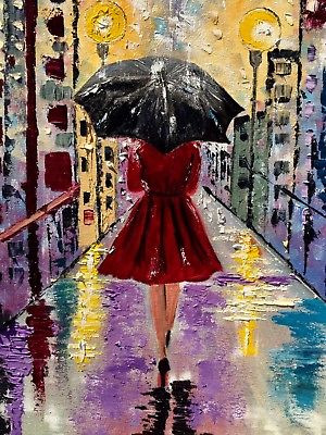300x400 Art Original Oil Painting Rain Umbrella Women Girl Walking - Girl With Umbrella In Rain Painting