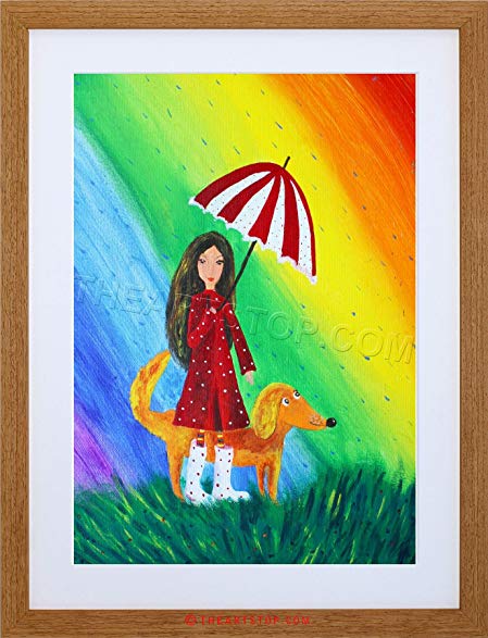 449x587 Painting Girl Dog Rainbow Umbrella Rain Colour Framed - Girl With Umbrella In Rain Painting