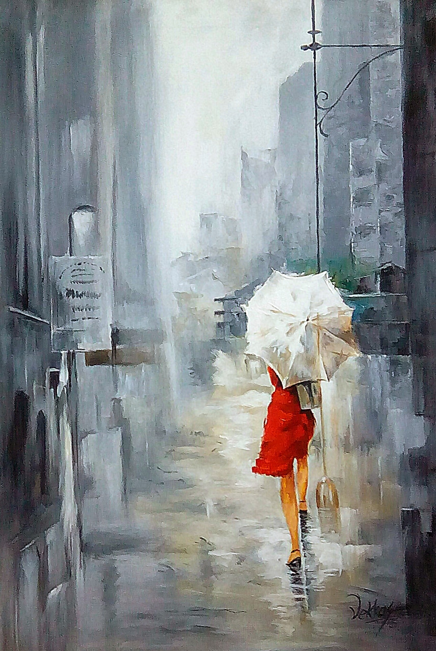 857x1280 Buy Lady With Umbrella By Vekkas Mahalley@ Rs. 7190. Code - Girl With Umbrella In Rain Painting