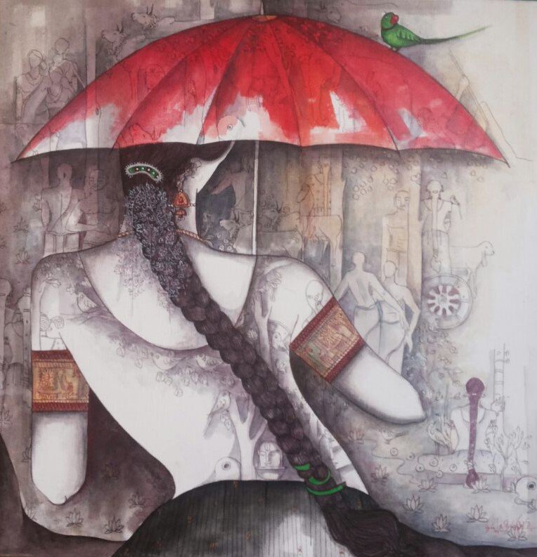 764x793 Girl With Red Umbrella By Artist Kappari Kishan Figurative Art - Girl With Umbrella Painting