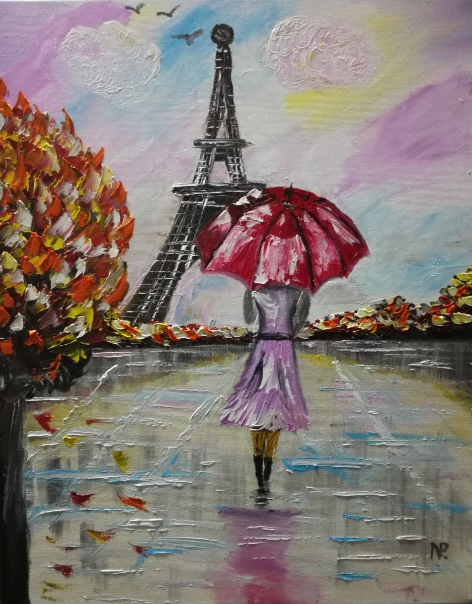938x1200 Love In Paris, Girl, Umbrella, Autumn, Painting (Nataliia Plakhotnyk) - Girl With Umbrella Painting