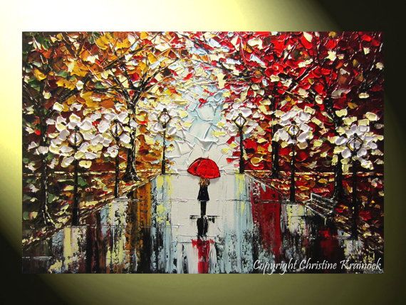 570x428 Original Art Abstract Painting Trees Girl Red Umbrella Rain - Girl With Umbrella Painting