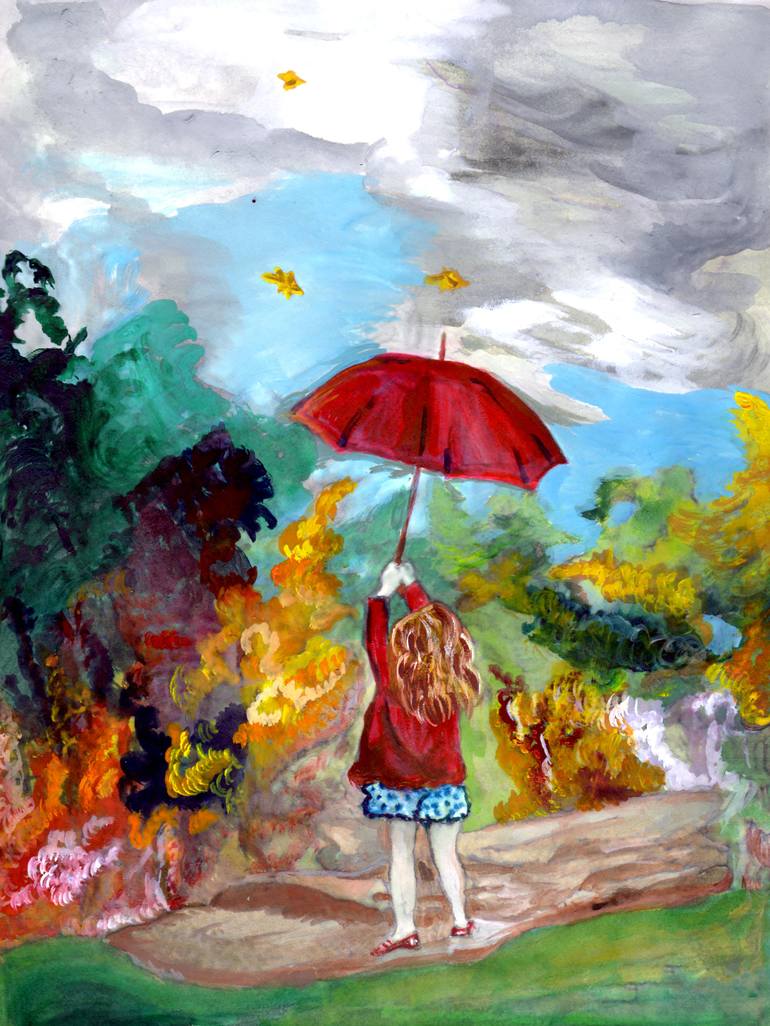 770x1026 Saatchi Art Girl With A Red Umbrella Painting By Penny Winn - Girl With Umbrella Painting