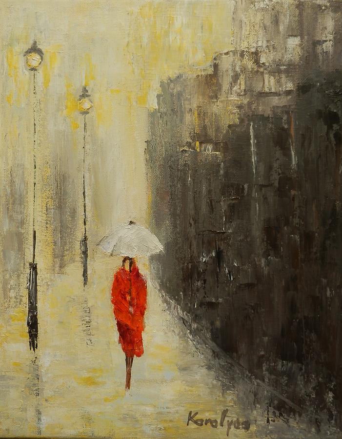 701x900 The Girl With White Umbrella Painting By Maria Karalyos - Girl With Umbrella Painting
