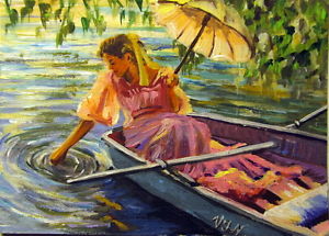 300x215 Aceo Original Painting Landscape Lake Woman Girl Umbrella Boat - Girl With Umbrella Painting