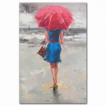 350x350 Abstract Girl In Blue Dress Painting Impressionist Lady - Girl With Umbrella Painting
