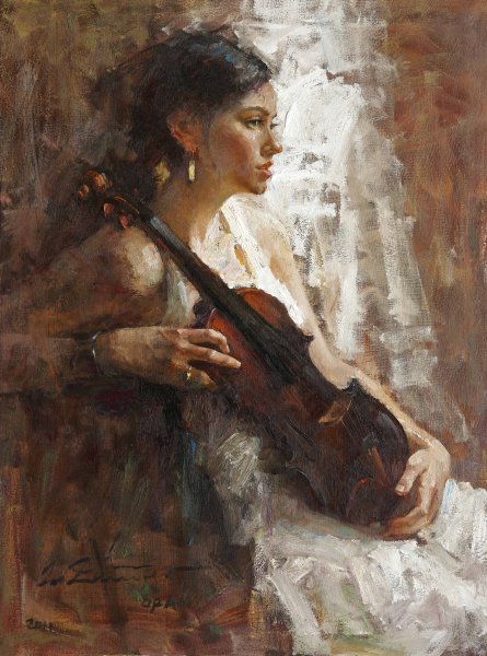 445x600 New Painting Zhiwei Tu Fine Art - Girl With Violin Painting