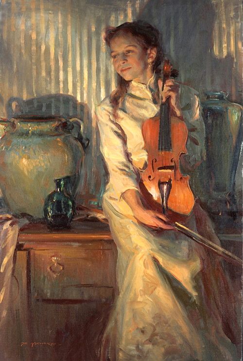 500x742 Painting By Daniel F. Gerhartz (1965 ) Her Mother's Violin Love - Girl With Violin Painting