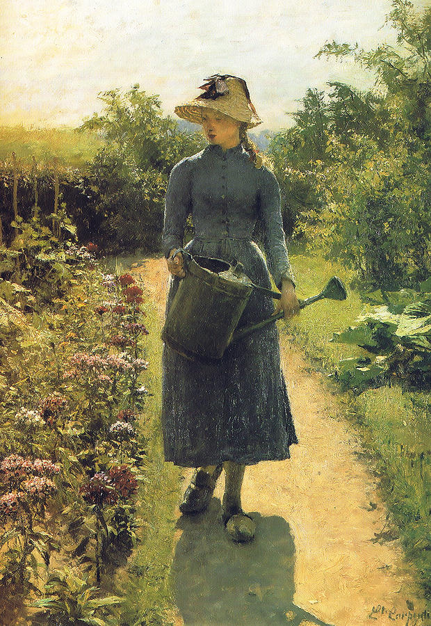 620x900 Girl With Watering Can Painting By Evariste Carpentier - Girl With Watering Can Painting
