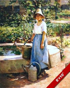 240x300 Young Girl Woman With Watering Can In Garden Oil Painting Art Real - Girl With Watering Can Painting