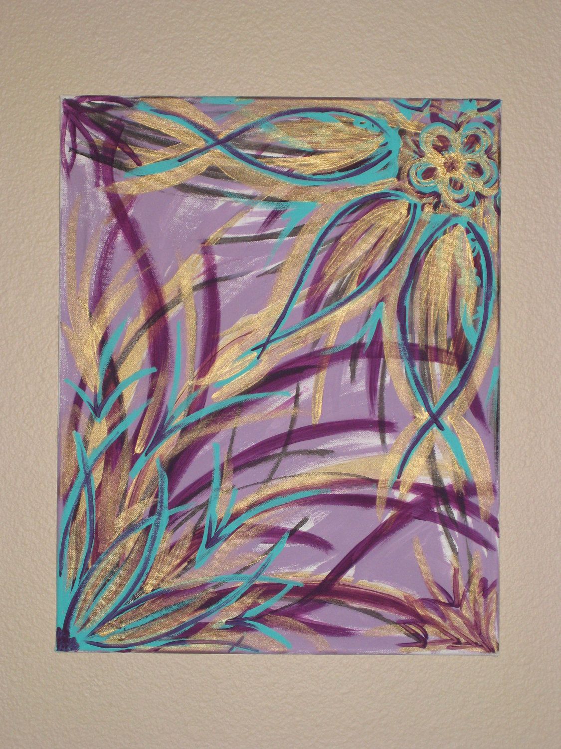 1125x1500 Purple, Turquoise, And Gold Abstract Canvas Painting - Girly Canvas Painting