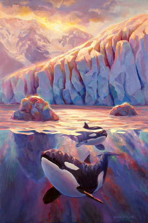 600x900 Orca Sunrise At The Glacier Painting By Karen Whitworth - Glacier Painting