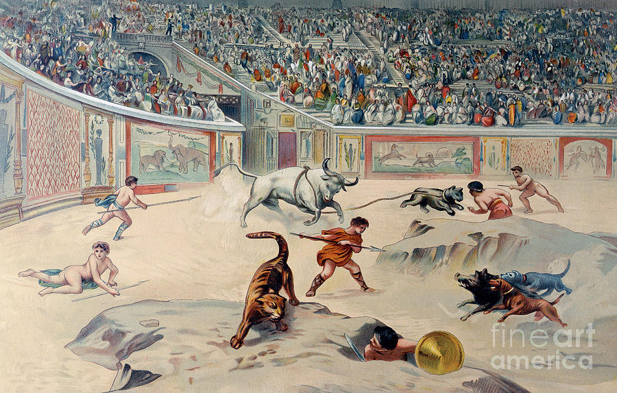 900x574 Gladiators Fighting Animals In The Circus At Pompeii Painting By - Gladiator Painting