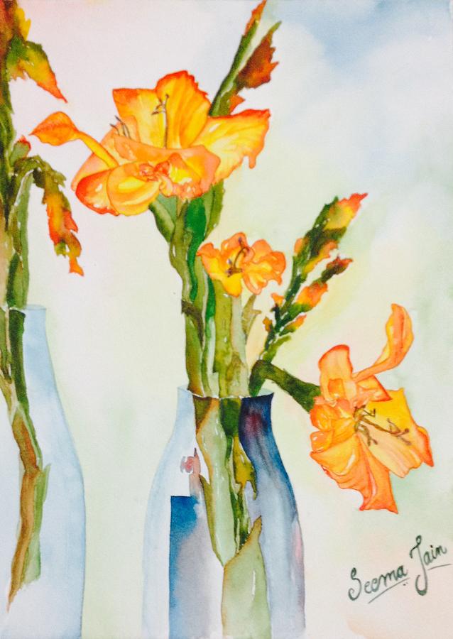 638x900 Glowing Gladiolus Painting By Seema Jain - Gladiolus Flower Painting