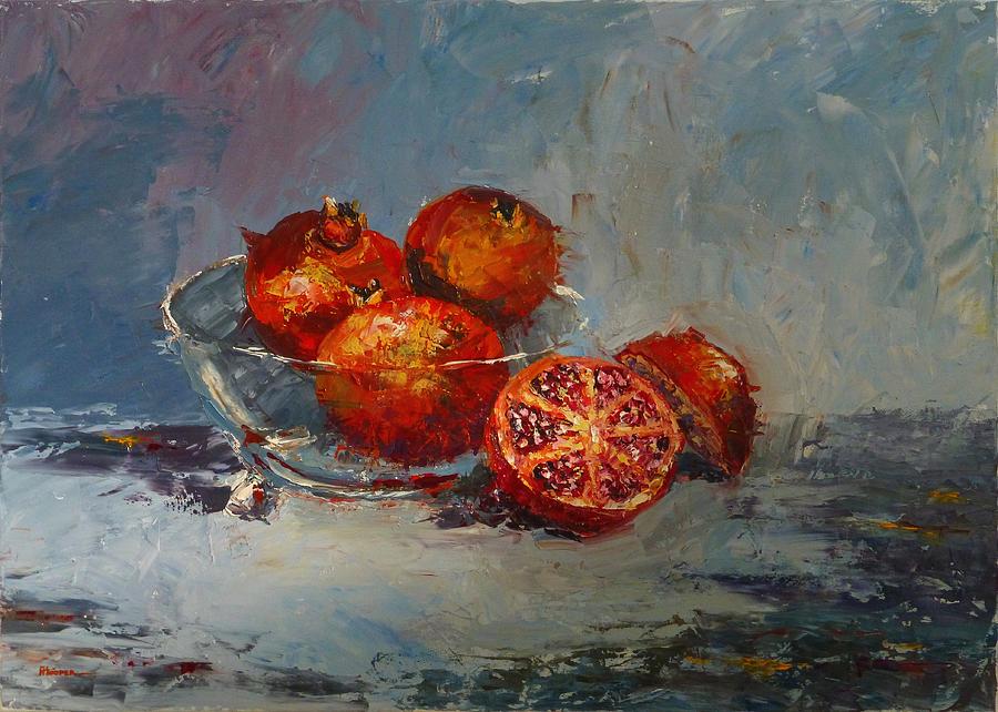 900x642 Pomegranates In A Glass Bowl Painting By Fiona Hooper - Glass Bowl Painting
