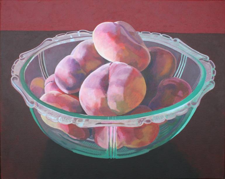 770x614 Saatchi Art Peaches In Green Glass Bowl Painting By Marcus Bolt - Glass Bowl Painting