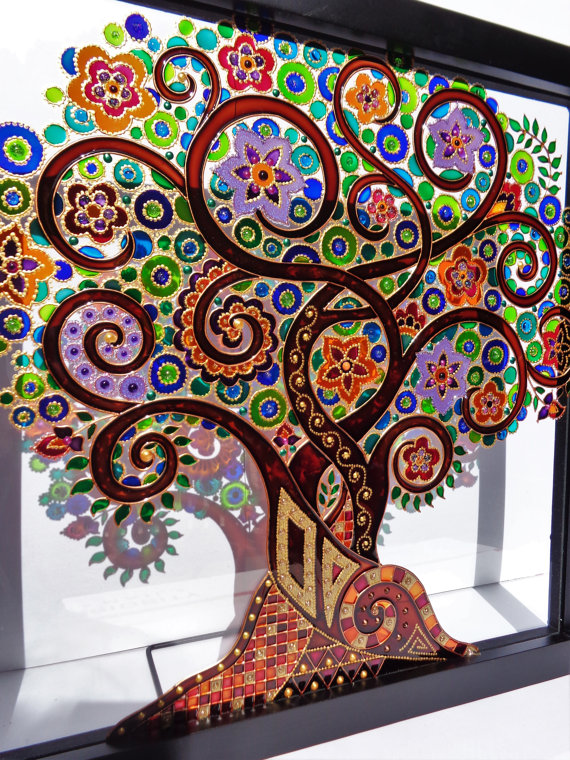 570x760 Tree Of Life Art 13x13 Glass Painting Glass Art Family Tree - Glass Painting