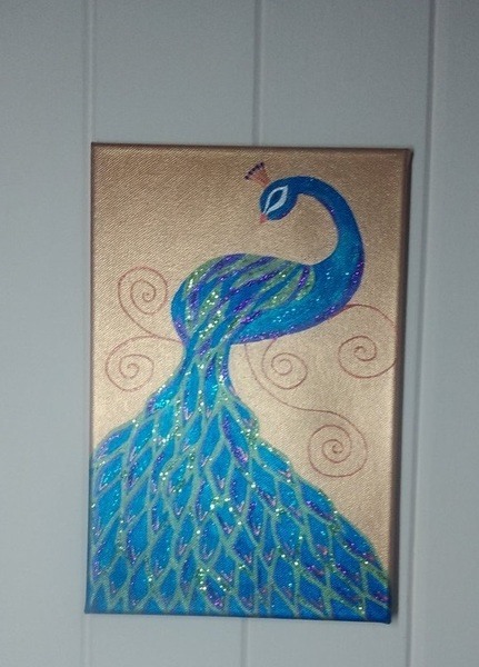 431x600 Handpainted Peacock Canvas,with Relief And Glitter Detail - Glitter Painting On Canvas
