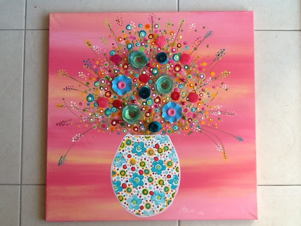 960x720 Made By Me .julie Ryder Large Canvas Of Flowers In Vase Pinks - Glitter Painting On Canvas