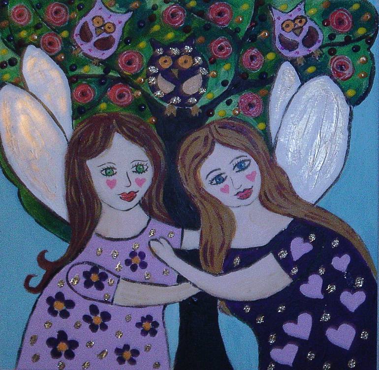 770x752 Saatchi Art Angels Standing By A Folk Art Tree Acrylic - Glitter Painting On Canvas