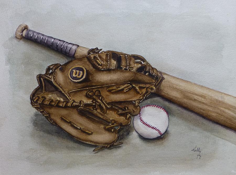 900x669 Wilson Baseball Glove And Bat Painting By Kelly Mills - Glove Painting