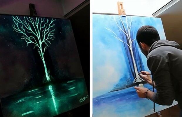 620x400 Italian Artist Crisco Glow In The Dark Paintings Look Dazzling - Glow In The Dark Tree Painting
