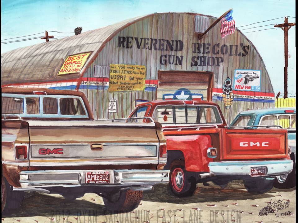 960x720 Gmc Trucks At The Surplus Store (Painting) By Fastlaneillustration - Gmc Painting