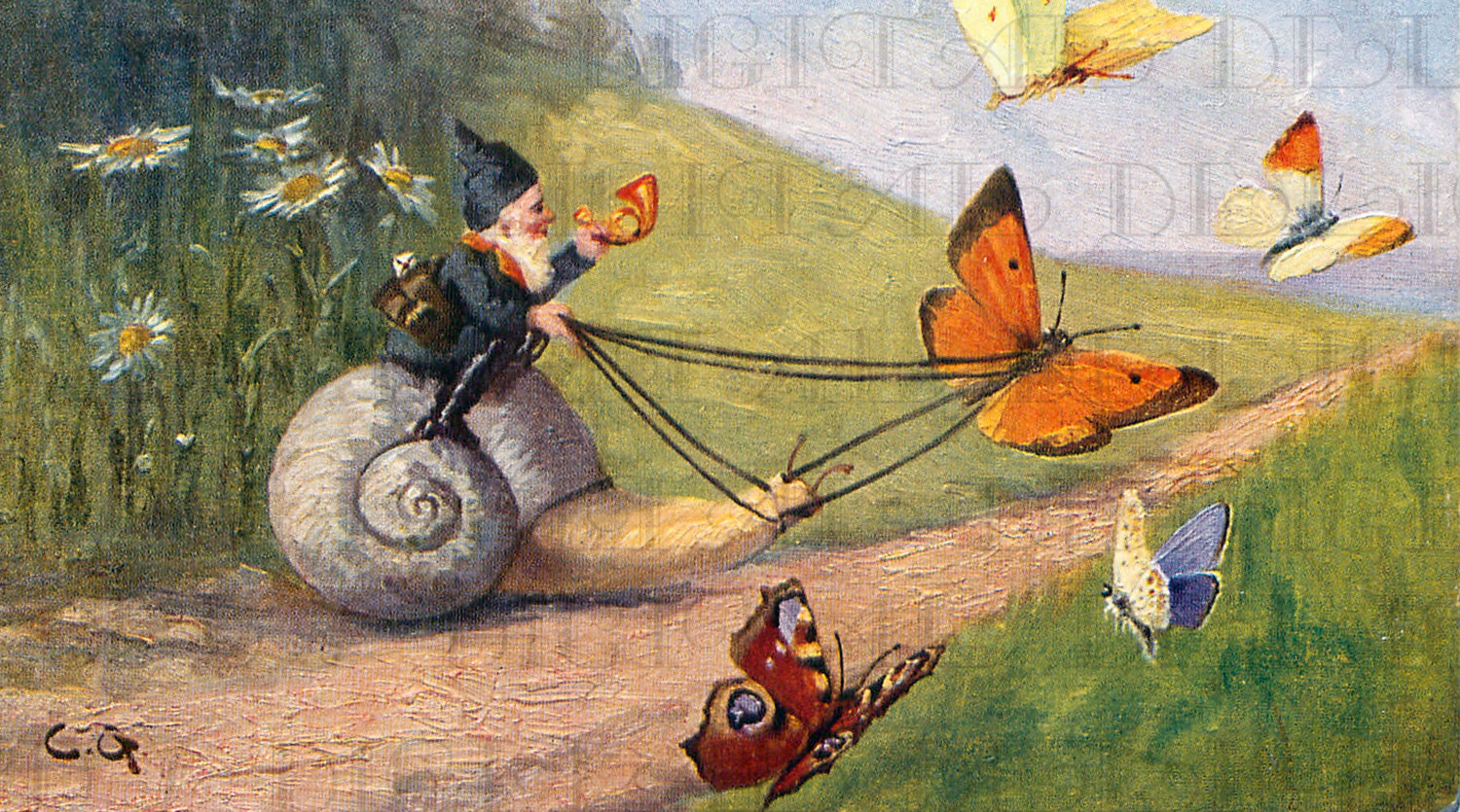 1500x835 Fab Gnome On Snail With Butterfly Vintage Fairy Digital - Gnome Painting