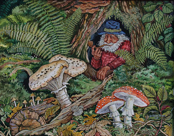 594x466 Forest Gnome With Pipe Painting By Debbie Dan - Gnome Painting