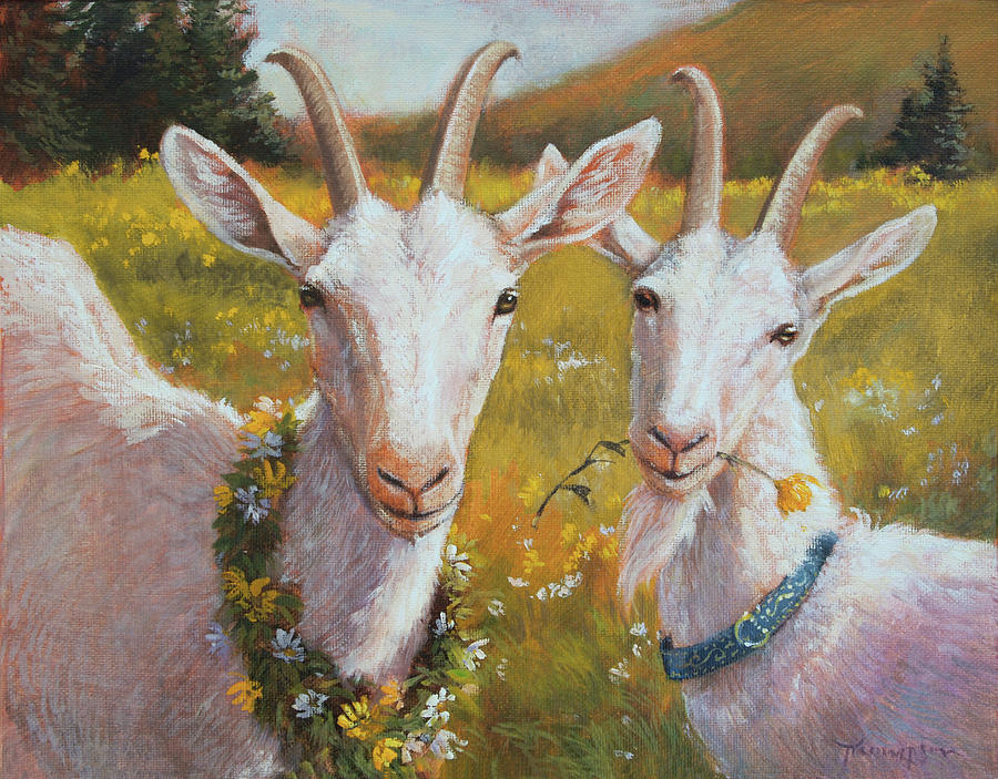 900x703 Two Goats Of Summer Painting By Tracie Thompson - Goat Painting