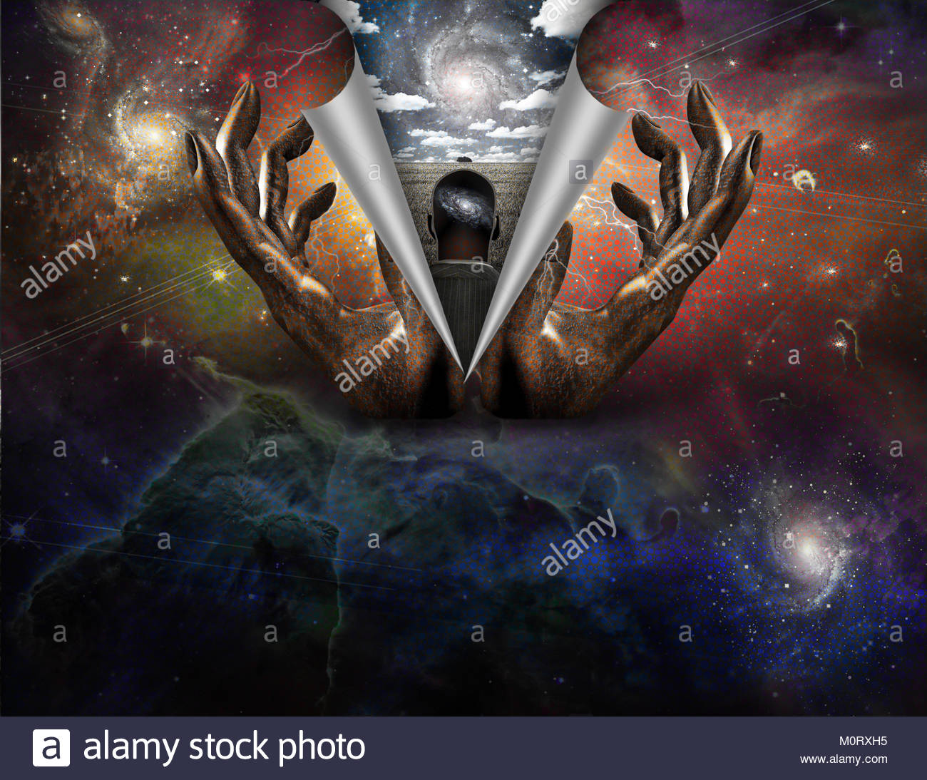 1300x1094 Surreal Painting. Hands Of God In Colorful Universe. Man - God Man Painting