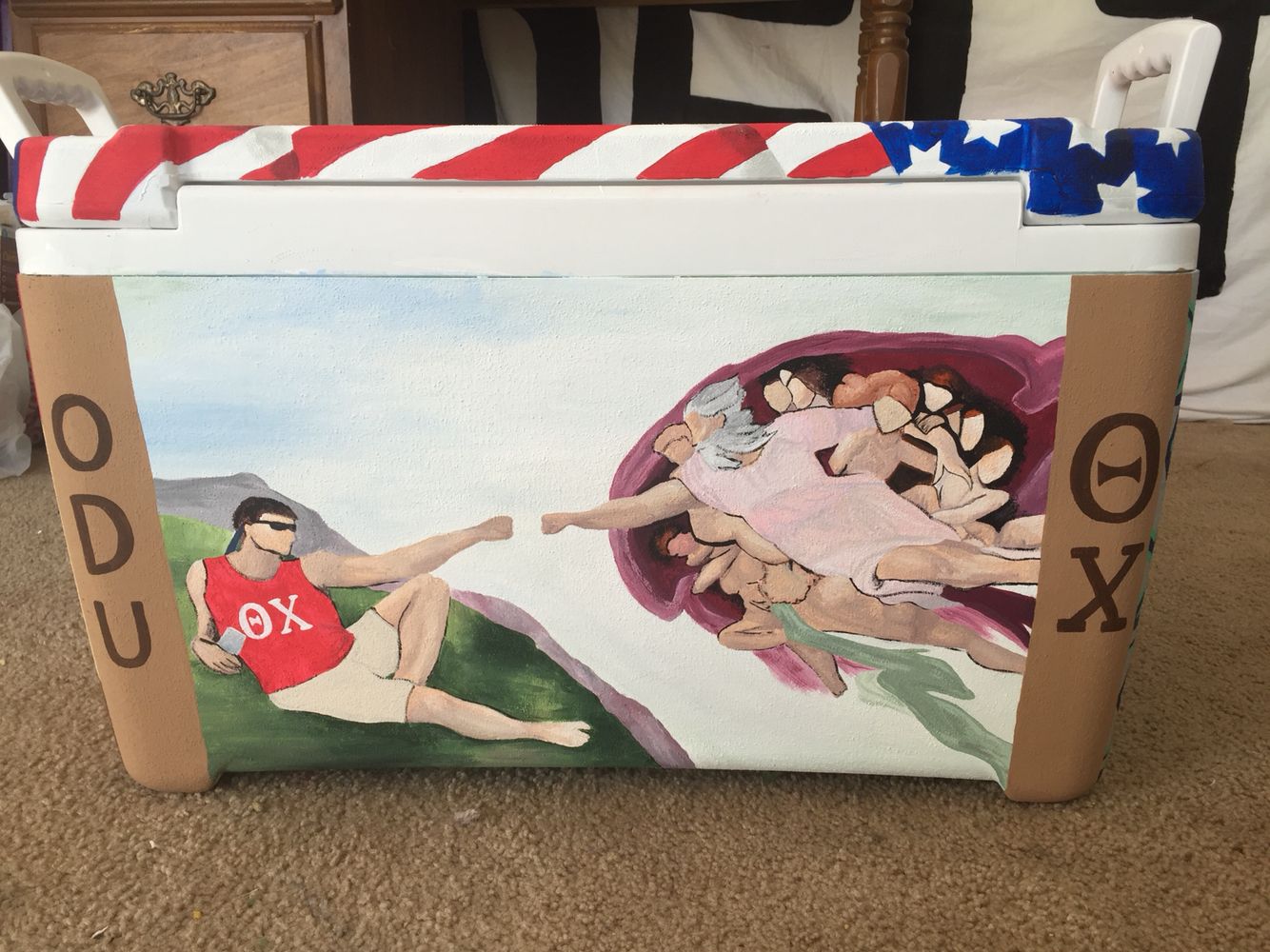 1334x1000 Fraternity Man Touching Gods Finger Painted Cooler Theta Chi - God Touching Finger Painting