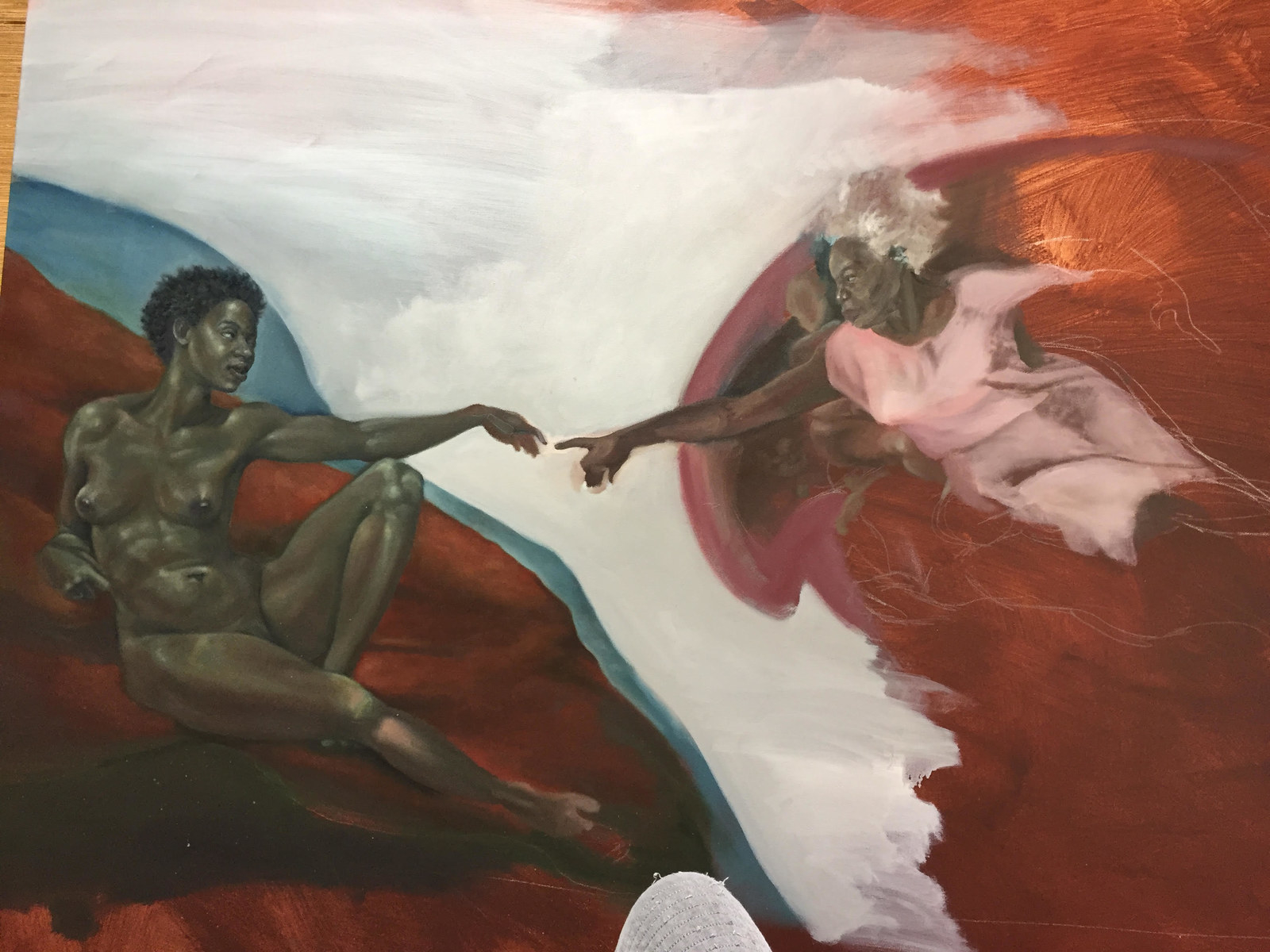 1600x1200 This Woman Reimagined Michelangelo's The Creation Of Adam - God Touching Finger Painting