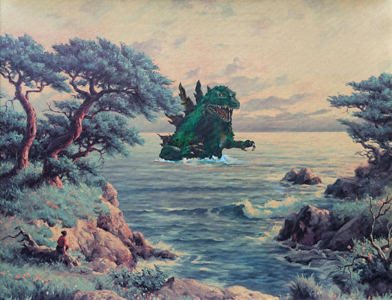 570x437 Godzilla Parody Painting Print Poster Canvas Funny - Godzilla Painting