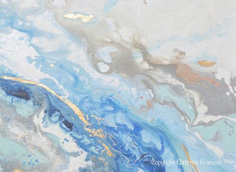 480x350 Original Art Modern Blue White Abstract Painting Marbled Gold Leaf - Gold Abstract Painting