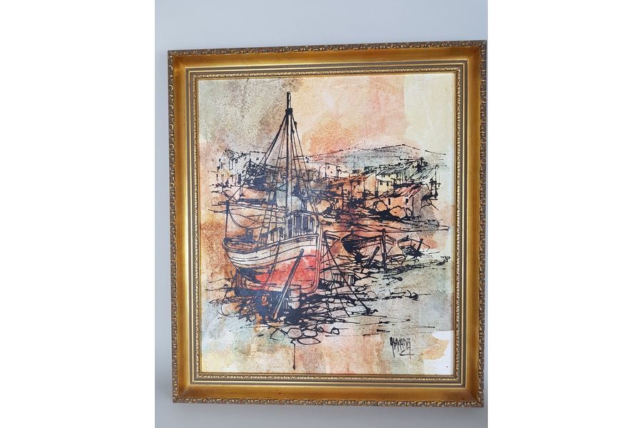 900x600 Mid Century Modernist Signed Painting Boats Orange Black Framed - Gold Frame Black Painting