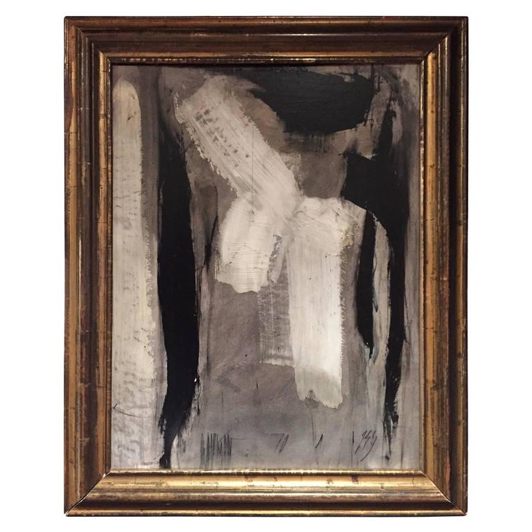 768x768 Black, White And Grey Abstract Painting In Black Gold Frame By - Gold Frame Black Painting