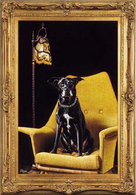441x632 Black Velvet Painting Dog On Chair In Gold Frame Toned Down - Gold Frame Black Painting