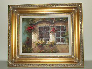 300x225 Beautiful Framed Oil Painting Country Cottage Amp Flowers - Gold Frame Painting