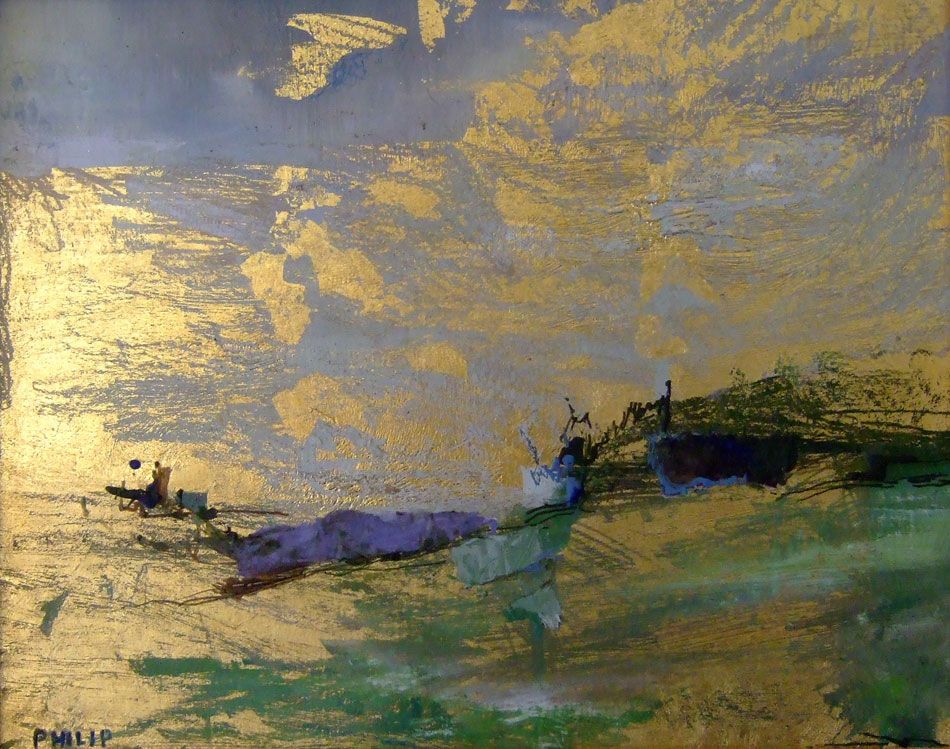 950x749 Michelle Philip Beach Sunrise 23kt Gold Leaf, Oil And Encaustic - Gold Leaf Painting Artist
