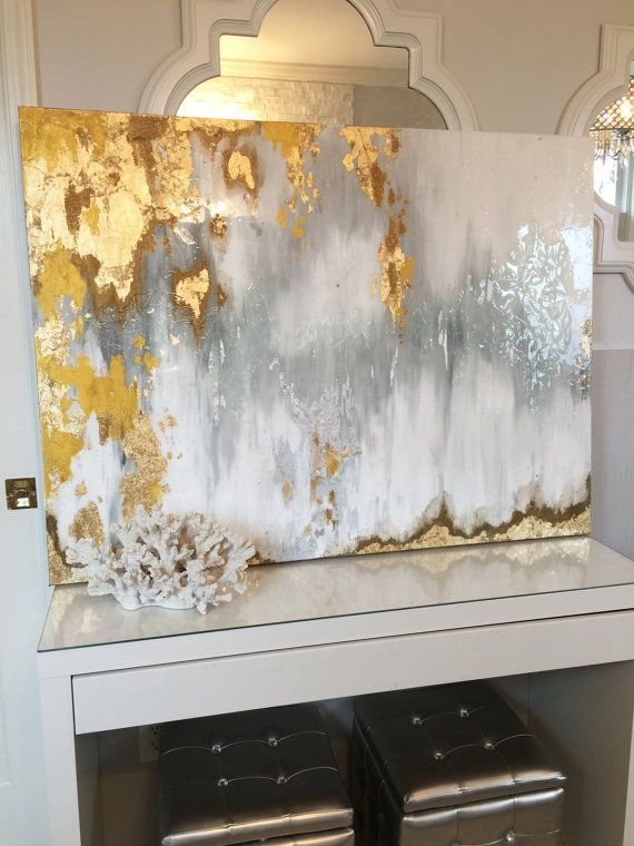 570x760 Sold!! Acrylic Abstract Art Large Canvas Painting Gray, Silver - Gold Leaf Painting On Canvas