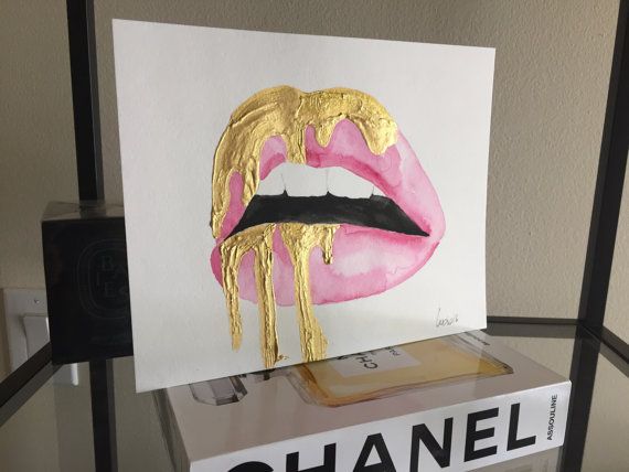 570x428 Dripping Gold Paint Pink Watercolor Lips. Beautiful Mixed Media - Gold Lips Painting
