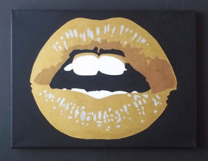 300x232 Hand Painted Pop Art Inspired Metallic Gold Lips Signed By Artist - Gold Lips Painting