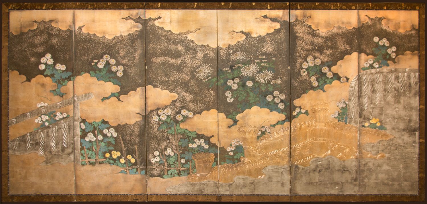 1500x717 Rimpa School Chrysanthemums On Silver And Gold Seal Reads - Gold Seal Painting