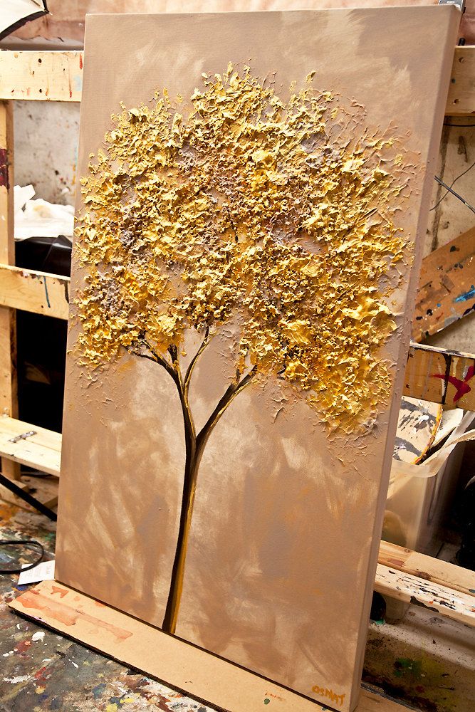 667x1000 Gold Tree Painting 40 X 24 Original Abstract Textured Landscape - Gold Tree Painting