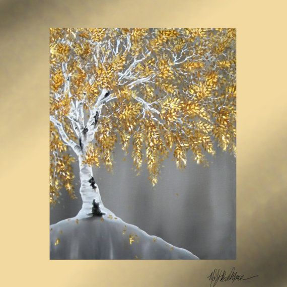 570x570 Golden Tree 16x20 Oil Painting, Tree With Metallic Gold Leaves - Gold Tree Painting